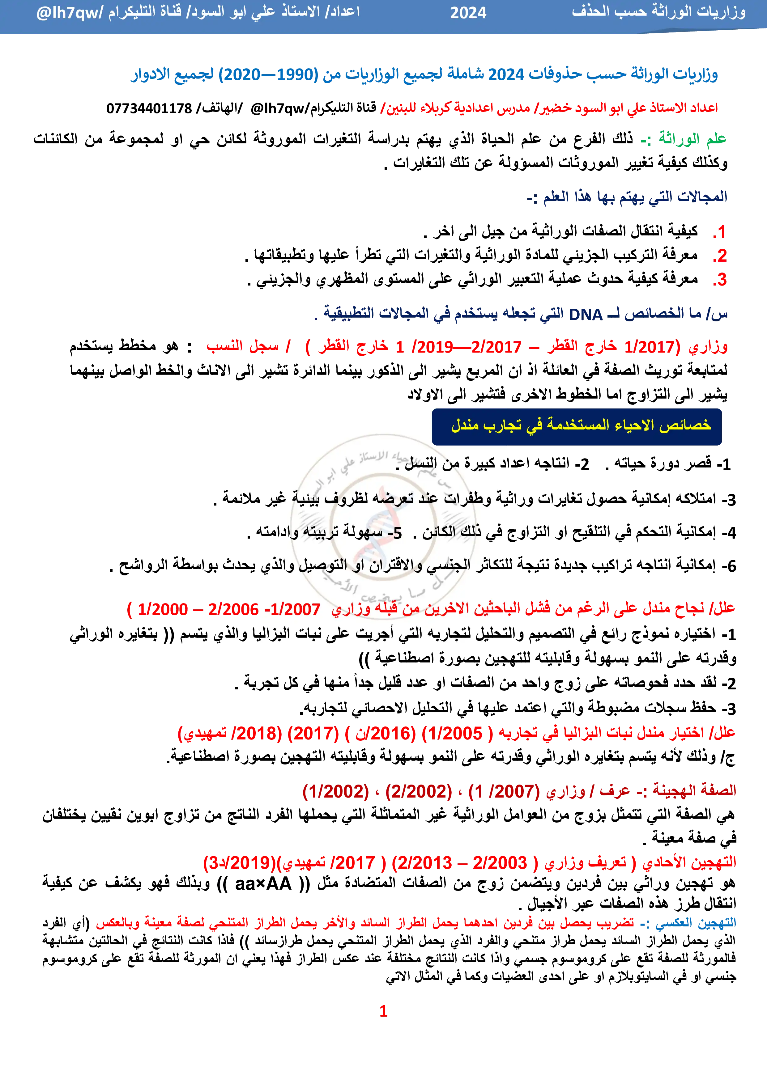 غلاف ملزمة وزاريات الوراثة علي ابو السود سادس علمي pdf